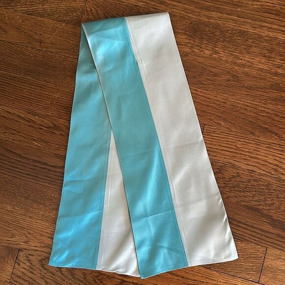 Vintage mid century aqua & light blue stripe double layer satin polyester scarf - Picture 5 of 6